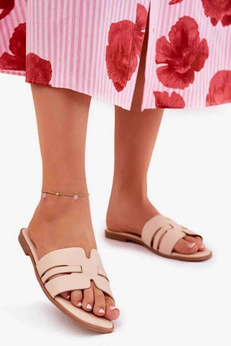 Klapki Damskie Klasyczne>Boto Klapki Damskie Na Płaskim Obcasie Z Wycięciami Eko Skórzane Beżowe Ecapus Beżowy