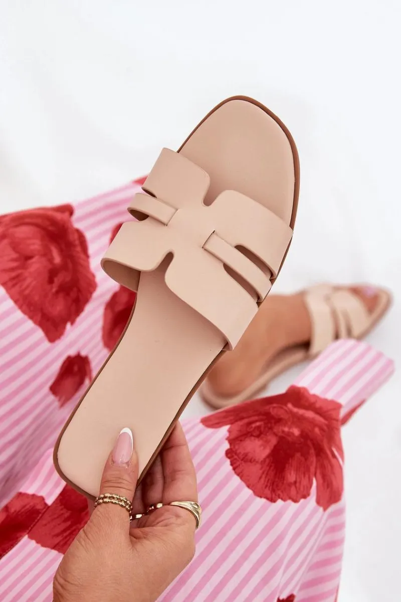 Klapki Damskie Klasyczne>Boto Klapki Damskie Na Płaskim Obcasie Z Wycięciami Eko Skórzane Beżowe Ecapus Beżowy