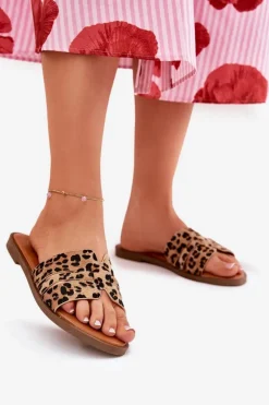 Klapki Damskie Klasyczne>Boto Klapki Damskie Na Płaskim Obcasie Z Wycięciami Panterka Brązowe Teterre Brązowy