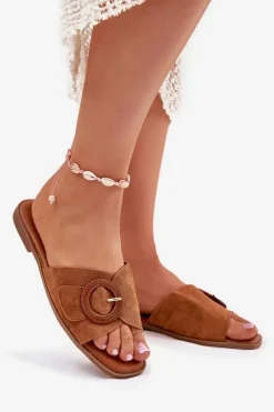 Sale Boto Klapki Damskie Na Płaskim Obcasie Z Klamrą Camel Lanoni Brązowy