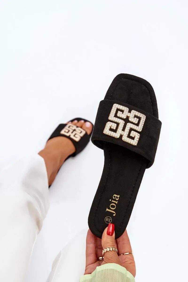 Klapki Damskie Klasyczne>Boto Klapki Damskie Na Płaskim Obcasie Z Ozdobą Czarne Inaile