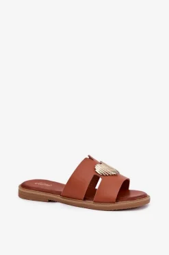 Hot Evento Klapki Damskie Na Płaskim Obcasie Ze Złotą Ozdobą Camel Karinma Brązowy