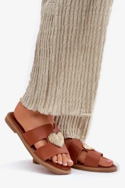 Hot Evento Klapki Damskie Na Płaskim Obcasie Ze Złotą Ozdobą Camel Karinma Brązowy