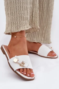 Klapki Damskie Klasyczne>Boto Klapki Damskie Na Płaskim Obcasie Z Kokardą Białe Sallariela Biały