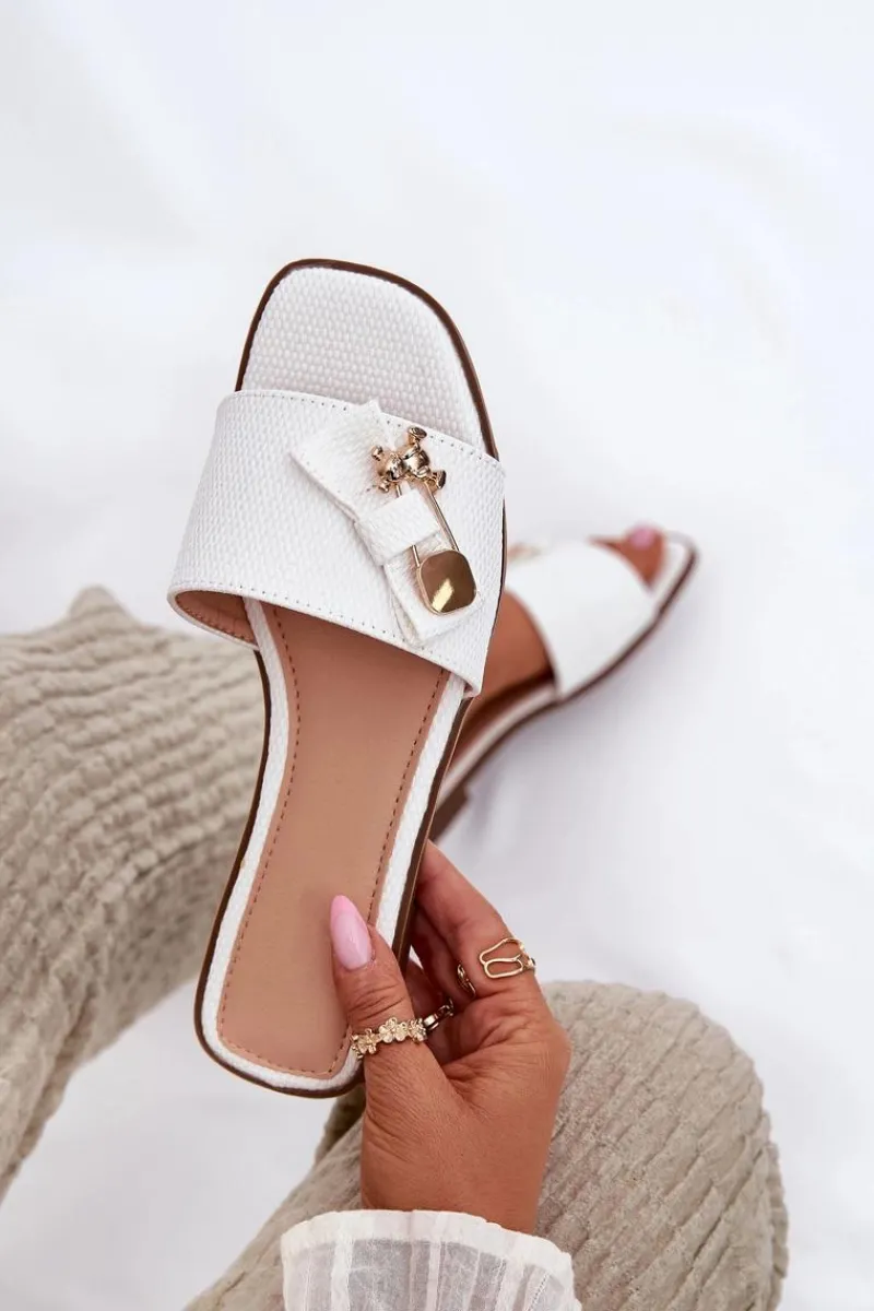 Klapki Damskie Klasyczne>Boto Klapki Damskie Na Płaskim Obcasie Z Kokardą Białe Sallariela Biały