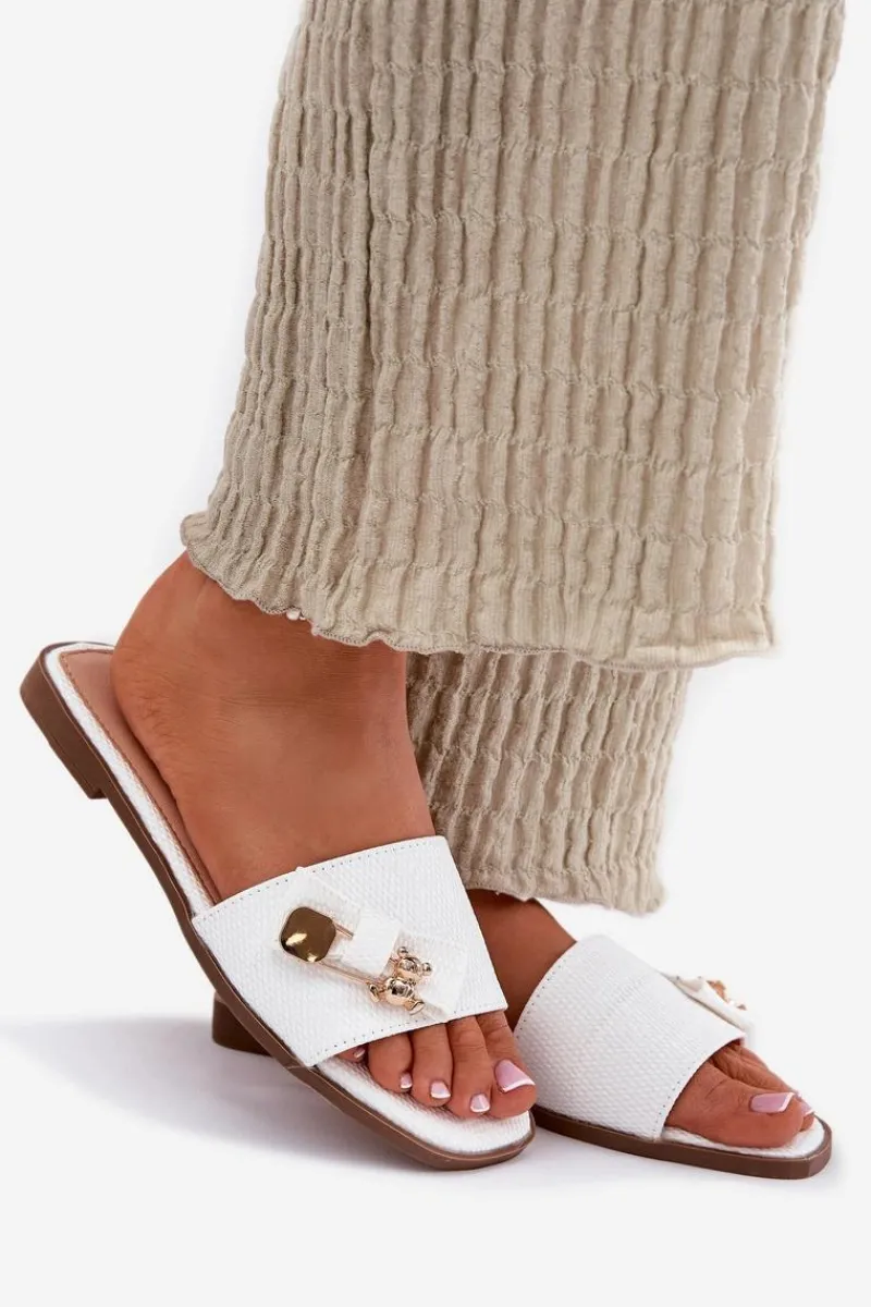 Klapki Damskie Klasyczne>Boto Klapki Damskie Na Płaskim Obcasie Z Kokardą Białe Sallariela Biały