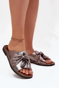 Hot Boto Klapki Damskie Na Płaskim Obcasie Grafitowe Nelvira Srebrny