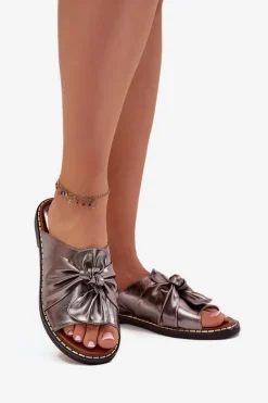 Hot Boto Klapki Damskie Na Płaskim Obcasie Grafitowe Nelvira Srebrny