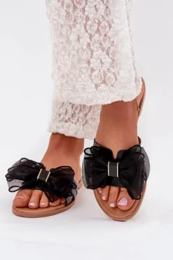 New Boto Klapki Damskie Na Płaskim Obcasie Z Tiulową Kokardą Czarne Tanira