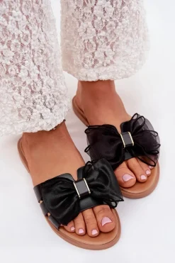 New Boto Klapki Damskie Na Płaskim Obcasie Z Tiulową Kokardą Czarne Tanira