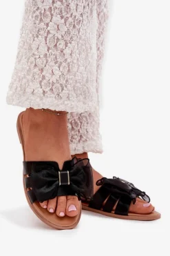 New Boto Klapki Damskie Na Płaskim Obcasie Z Tiulową Kokardą Czarne Tanira