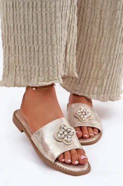 Best Klapki Damskie Na Płaskim Obcasie Z Ozdobnym Detalem S.Barski KV51-087 Złote Damskie Klapki Damskie Klasyczne