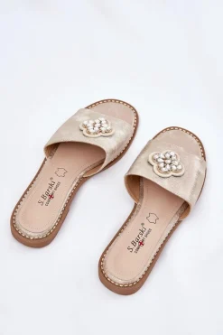 Best Klapki Damskie Na Płaskim Obcasie Z Ozdobnym Detalem S.Barski KV51-087 Złote Damskie Klapki Damskie Klasyczne