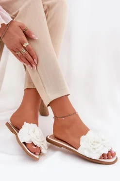 Klapki Damskie Klasyczne>Boto Klapki Damskie Na Płaskim Obcasie Z Ozdobnymi Kwiatami Białe Misorsse