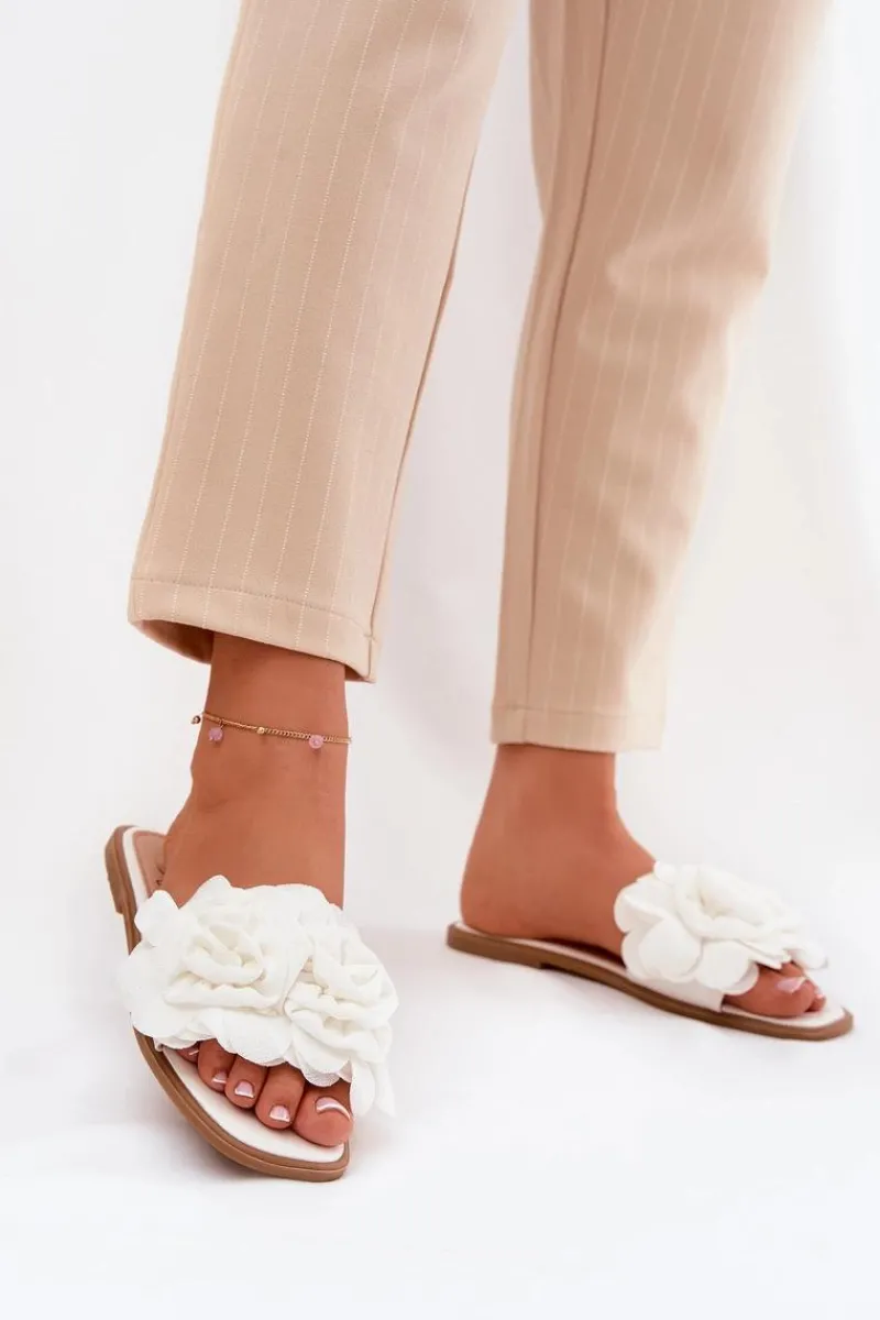 Klapki Damskie Klasyczne>Boto Klapki Damskie Na Płaskim Obcasie Z Ozdobnymi Kwiatami Białe Misorsse