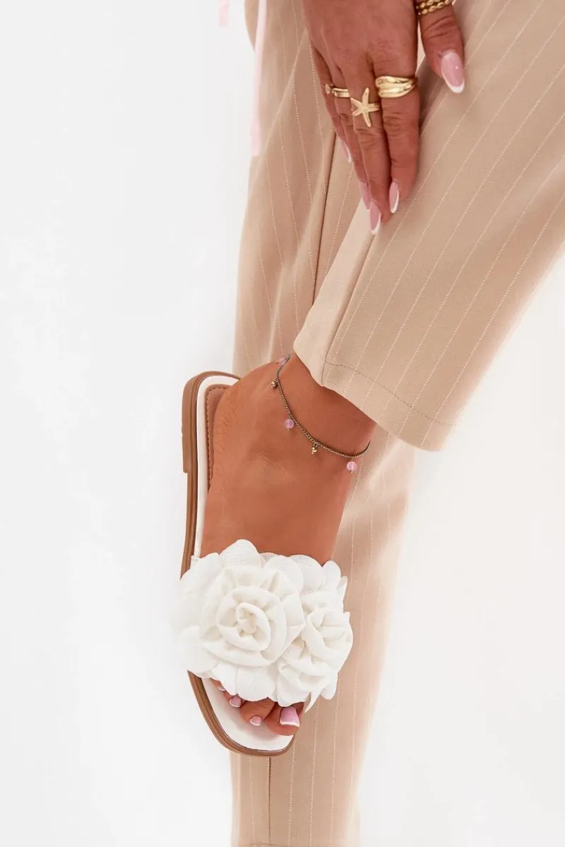 Klapki Damskie Klasyczne>Boto Klapki Damskie Na Płaskim Obcasie Z Ozdobnymi Kwiatami Białe Misorsse