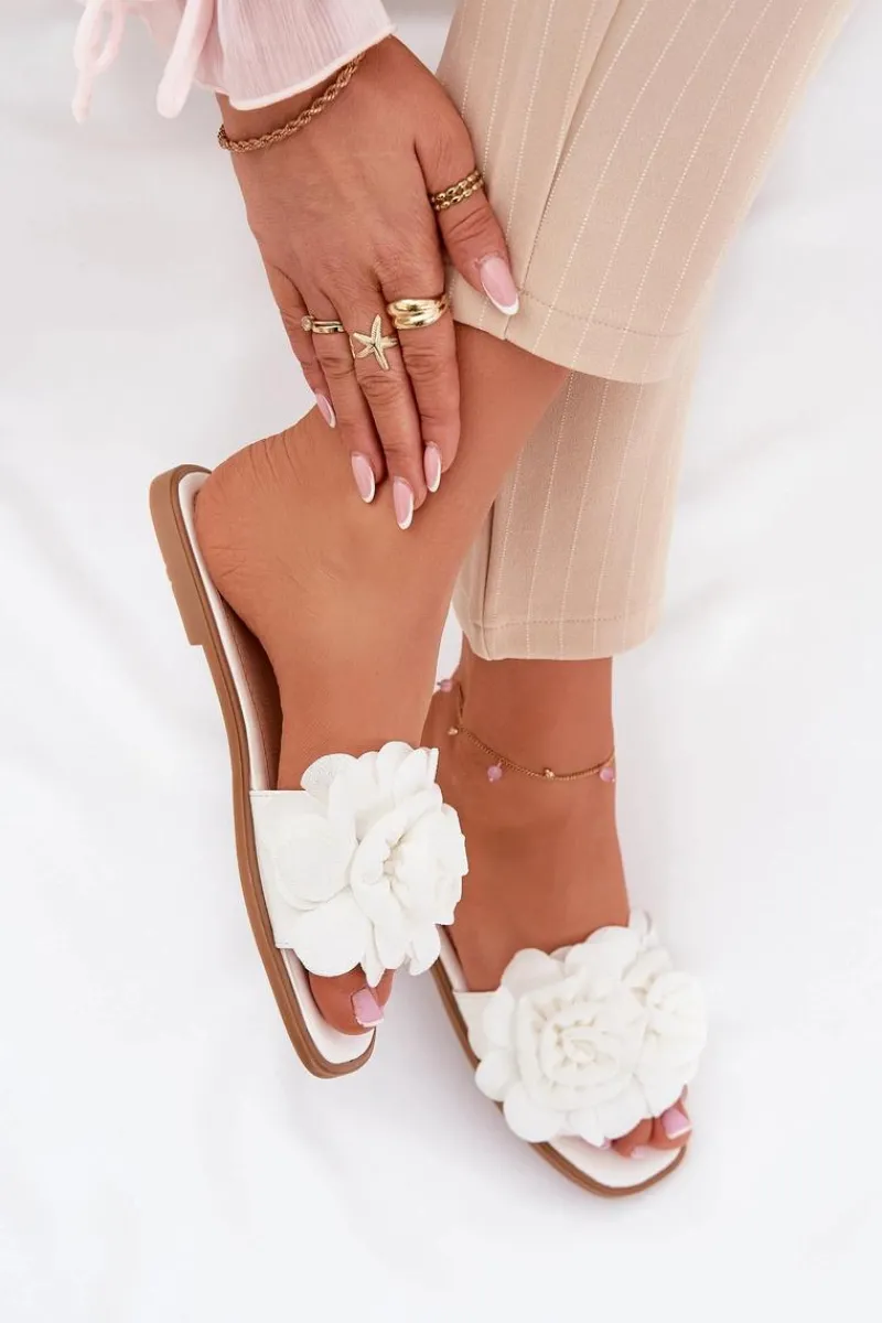 Klapki Damskie Klasyczne>Boto Klapki Damskie Na Płaskim Obcasie Z Ozdobnymi Kwiatami Białe Misorsse