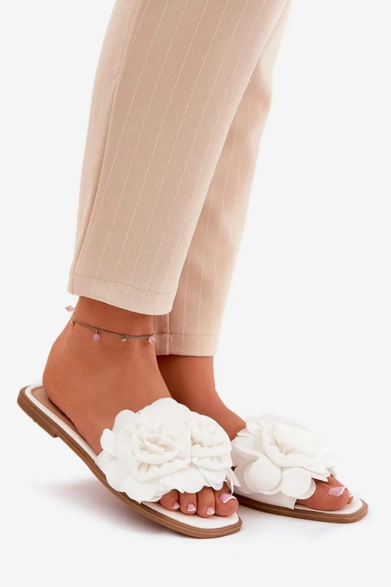 Klapki Damskie Klasyczne>Boto Klapki Damskie Na Płaskim Obcasie Z Ozdobnymi Kwiatami Białe Misorsse