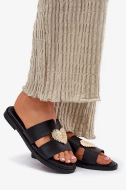 Discount Klapki Damskie Na Płaskim Obcasie Ze Złotą Ozdobą Czarne Karinma Damskie Klapki Damskie Klasyczne