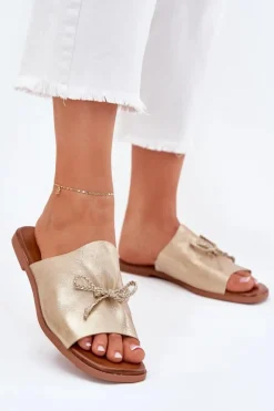 Online Klapki Damskie Na Płaskim Obcasie Z Ozdobnym Wiązaniem Złote Norela Damskie Klapki Damskie Klasyczne