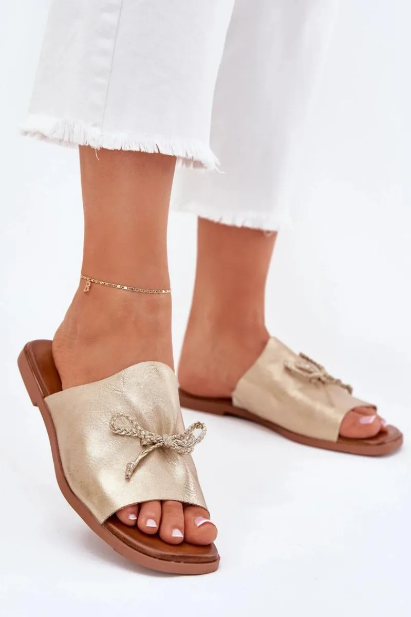 Online Klapki Damskie Na Płaskim Obcasie Z Ozdobnym Wiązaniem Złote Norela Damskie Klapki Damskie Klasyczne