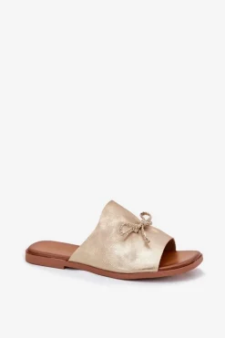 Online Klapki Damskie Na Płaskim Obcasie Z Ozdobnym Wiązaniem Złote Norela Damskie Klapki Damskie Klasyczne