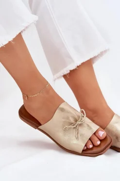 Online Klapki Damskie Na Płaskim Obcasie Z Ozdobnym Wiązaniem Złote Norela Damskie Klapki Damskie Klasyczne