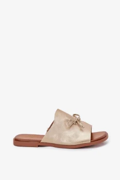 Online Klapki Damskie Na Płaskim Obcasie Z Ozdobnym Wiązaniem Złote Norela Damskie Klapki Damskie Klasyczne