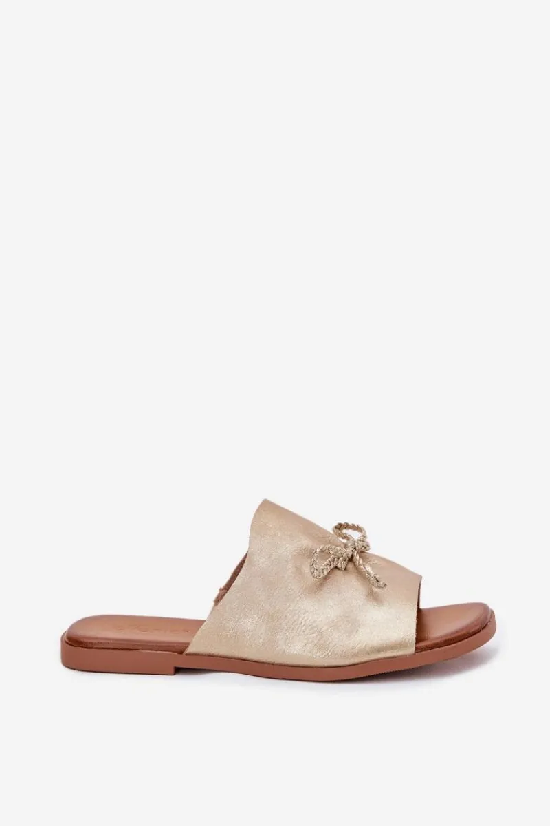 Online Klapki Damskie Na Płaskim Obcasie Z Ozdobnym Wiązaniem Złote Norela Damskie Klapki Damskie Klasyczne