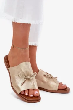 Online Klapki Damskie Na Płaskim Obcasie Z Ozdobnym Wiązaniem Złote Norela Damskie Klapki Damskie Klasyczne