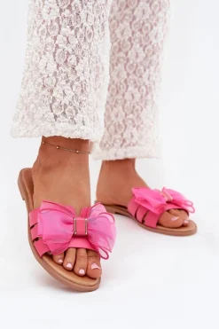 Discount Klapki Damskie Na Płaskim Obcasie Z Tiulową Kokardą Fuksja Tanira Damskie Klapki Damskie Klasyczne