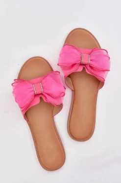 Discount Klapki Damskie Na Płaskim Obcasie Z Tiulową Kokardą Fuksja Tanira Damskie Klapki Damskie Klasyczne