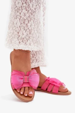 Discount Klapki Damskie Na Płaskim Obcasie Z Tiulową Kokardą Fuksja Tanira Damskie Klapki Damskie Klasyczne