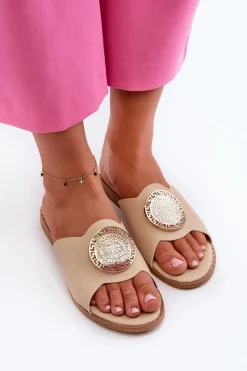 Sale Evento Klapki Damskie Na Płaskim Obcasie Z Ozdobą Beżowe Rivashea