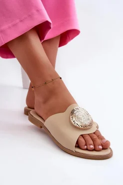 Sale Evento Klapki Damskie Na Płaskim Obcasie Z Ozdobą Beżowe Rivashea