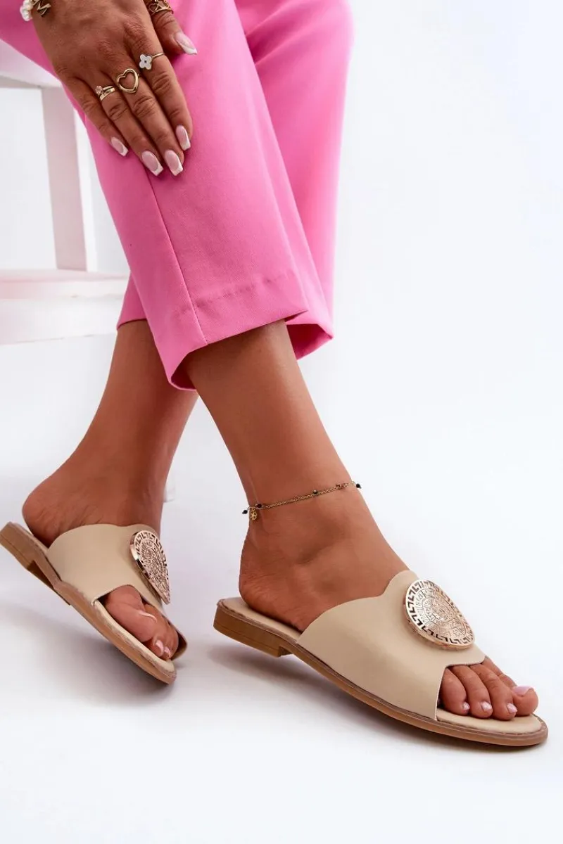 Sale Evento Klapki Damskie Na Płaskim Obcasie Z Ozdobą Beżowe Rivashea