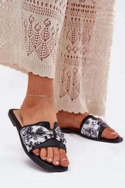 Klapki Damskie Klasyczne>Boto Klapki Damskie Na Płaskim Obcasie Z Kokardą Czarne Avenza