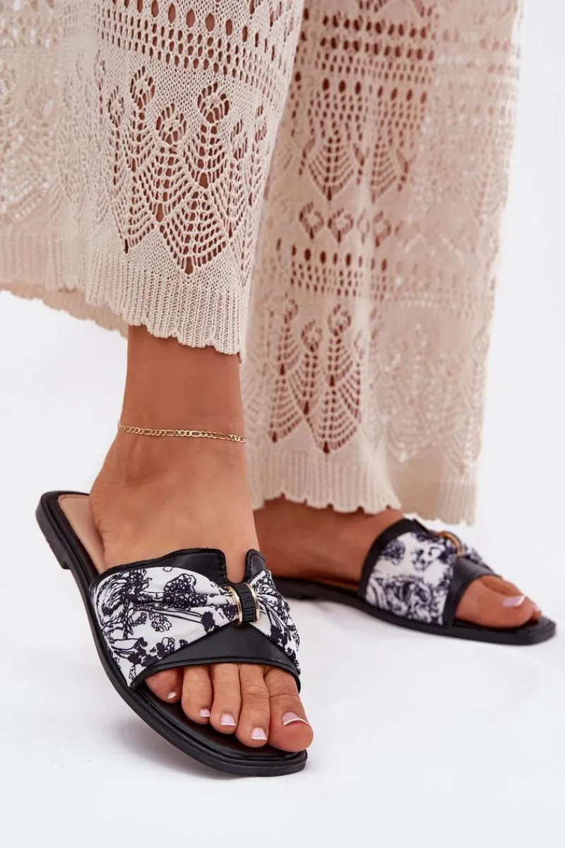 Klapki Damskie Klasyczne>Boto Klapki Damskie Na Płaskim Obcasie Z Kokardą Czarne Avenza