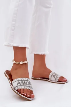 Klapki Damskie Klasyczne>Boto Klapki Damskie Na Płaskim Obcasie Ze Zdobieniem Białe Dorfedi Biały