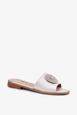 Damskie buty S.Barski Klapki Damskie Na Płaskim Obcasie Z Ozdobą S.Barski KV51-013 Srebrne Srebrny