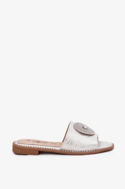 Damskie buty S.Barski Klapki Damskie Na Płaskim Obcasie Z Ozdobą S.Barski KV51-013 Srebrne Srebrny