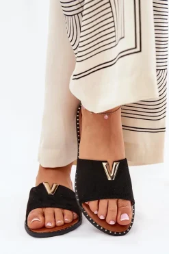 Sale Boto Klapki Damskie Na Płaskim Obcasie Z Ozdobnymi Detalami Czarne Saliena