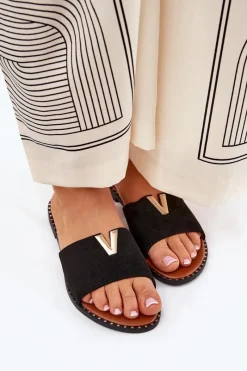 Sale Boto Klapki Damskie Na Płaskim Obcasie Z Ozdobnymi Detalami Czarne Saliena