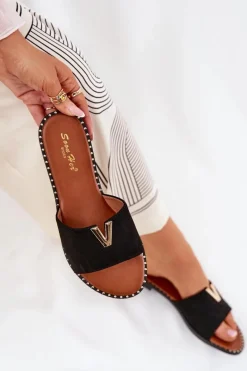 Sale Boto Klapki Damskie Na Płaskim Obcasie Z Ozdobnymi Detalami Czarne Saliena