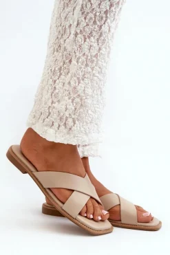 Discount Damskie buty S.Barski Klapki Damskie Na Płaskim Obcasie Z Eko Skóry S.Barski KV27-002 Beżowe Beżowy