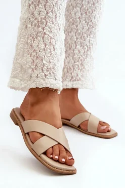 Discount Damskie buty S.Barski Klapki Damskie Na Płaskim Obcasie Z Eko Skóry S.Barski KV27-002 Beżowe Beżowy