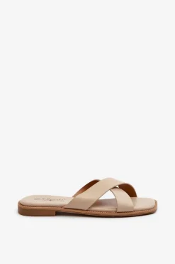 Discount Damskie buty S.Barski Klapki Damskie Na Płaskim Obcasie Z Eko Skóry S.Barski KV27-002 Beżowe Beżowy