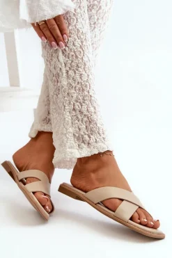 Discount Damskie buty S.Barski Klapki Damskie Na Płaskim Obcasie Z Eko Skóry S.Barski KV27-002 Beżowe Beżowy