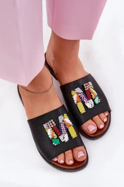 Outlet Boto Klapki Damskie Na Płaskim Obcasie Z Ozdobą Czarne Clelione Czarny