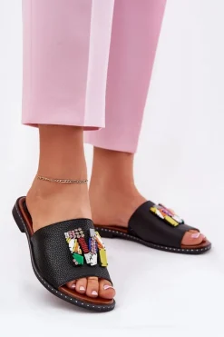 Outlet Boto Klapki Damskie Na Płaskim Obcasie Z Ozdobą Czarne Clelione Czarny